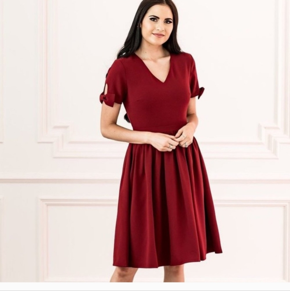 Rachel Parcel Cranberry Bow Sleeve Dress